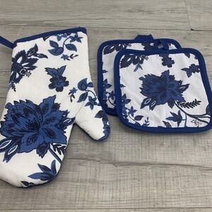3 PIECE SET Blue Floral Flower JACOBEAN Kitchen Oven Mitt 2 Pot Holders